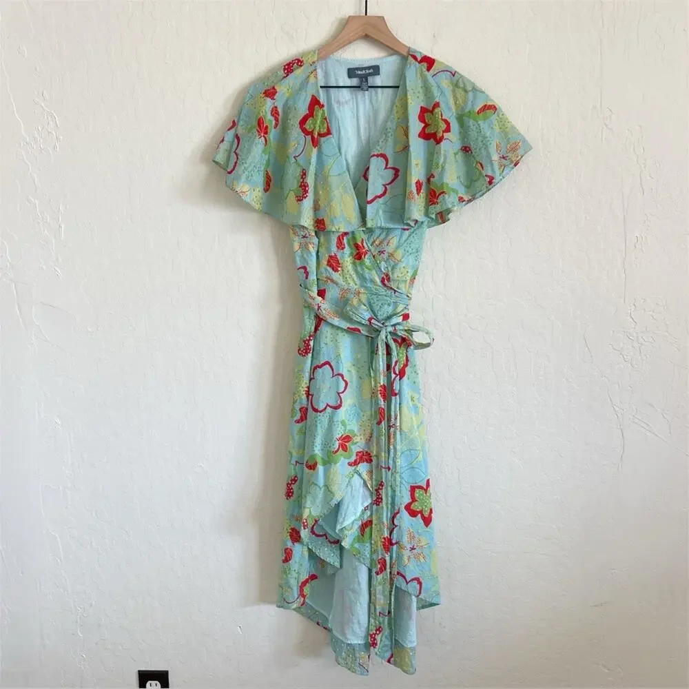 ModCloth 100% Cotton Lift Your Wings Wrap Midi Dress Large Blue Green Floral
